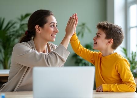 Child high-fiving a teacher after finishing a game