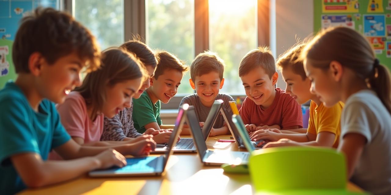 Children laughing while coding on colorful laptops