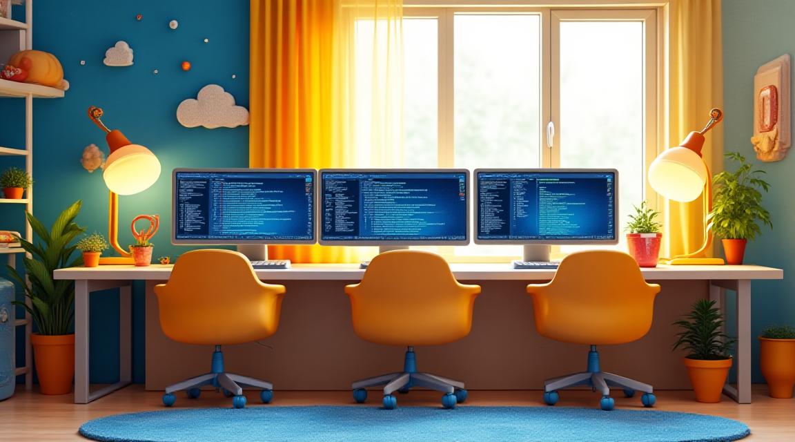 Colorful creative workstation with child-friendly coding tools and cosmic decorations