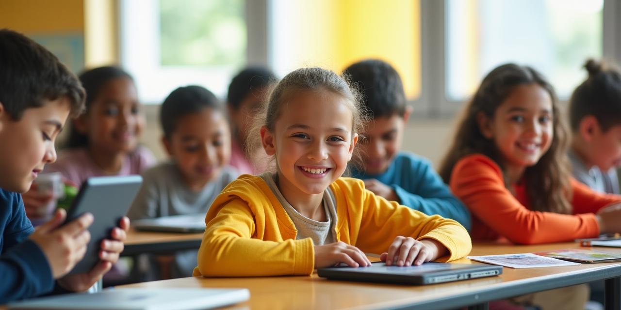 Children using tablets in a safe, bright classroom environment