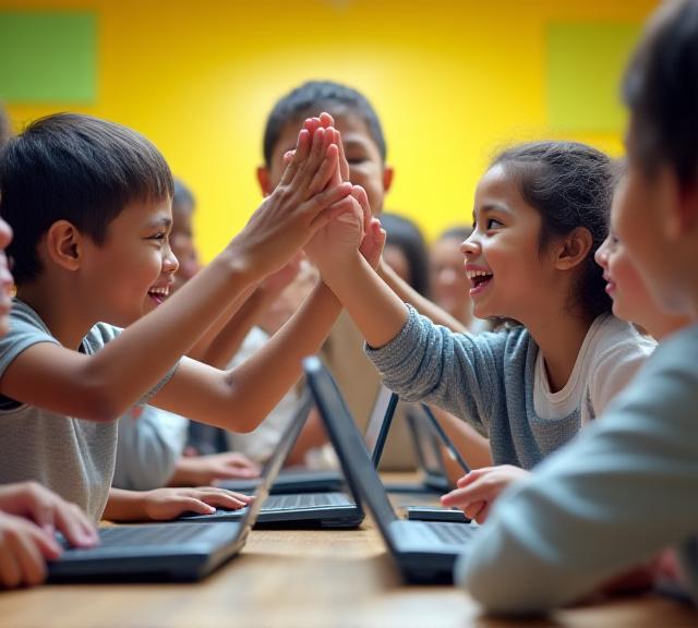 Diverse group of children high-fiving in a modern tech classroom