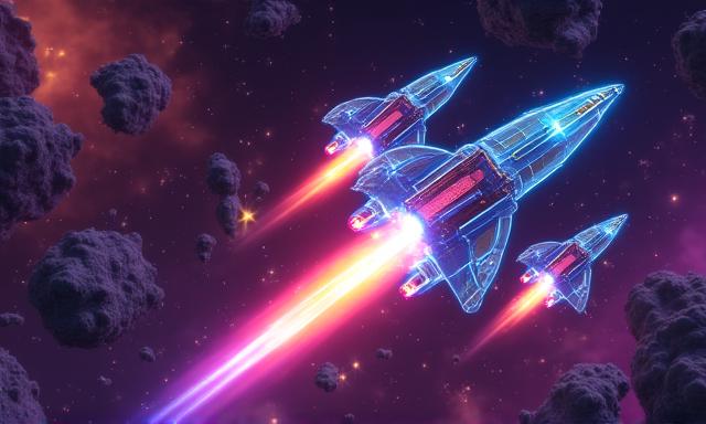 Brightly colored space shooter game UI with neon rockets