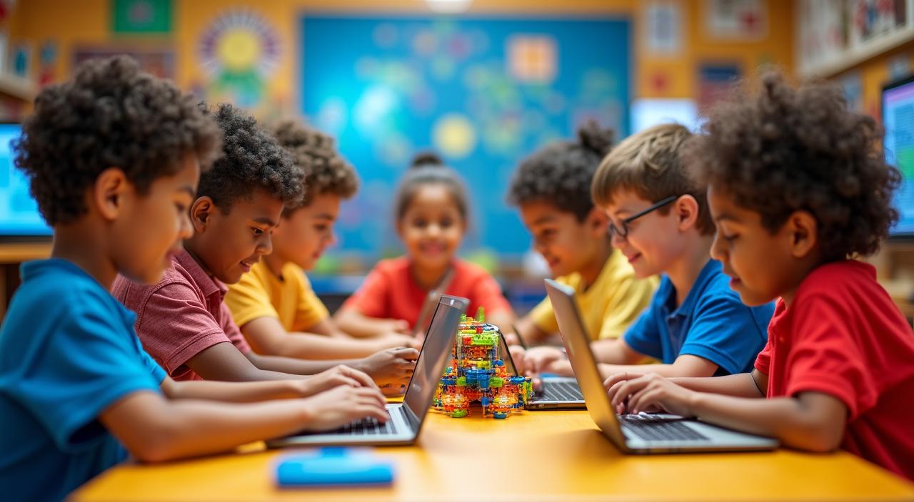 Happy kids collaborating on a playful coding project with robots