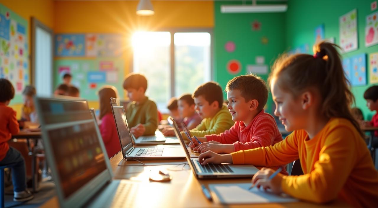 A collection of colorful digital projects and happy kids coding