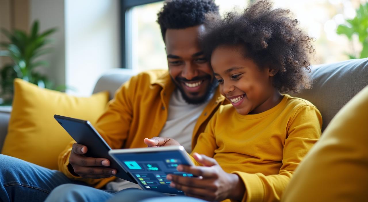 A happy family engaging with an educational coding project on a tablet